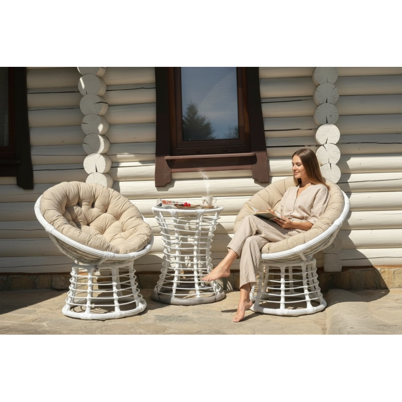 Комплект меблів PAPASAN-SMALL – 2 крісла, стіл та подушки, штучний ротанг, металевий каркас